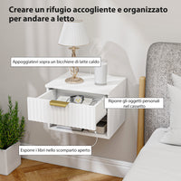 Set di 2 Comodini Sospesi 40x34x29 cm con Pannelli Scanalati Cassetto e Ripiano Bianco