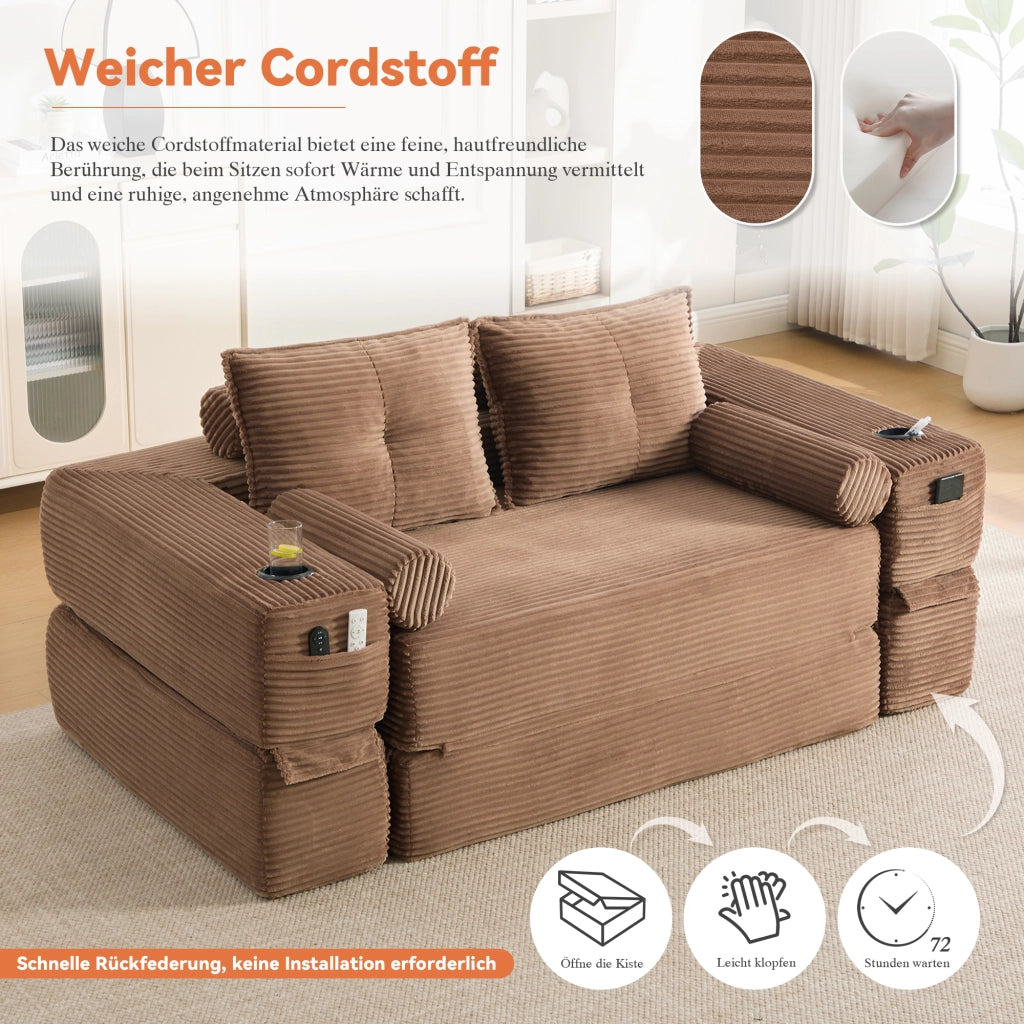 Divano letto pieghevole con portabicchieri tasche laterali e cuscini in memory foam in velluto a coste marrone