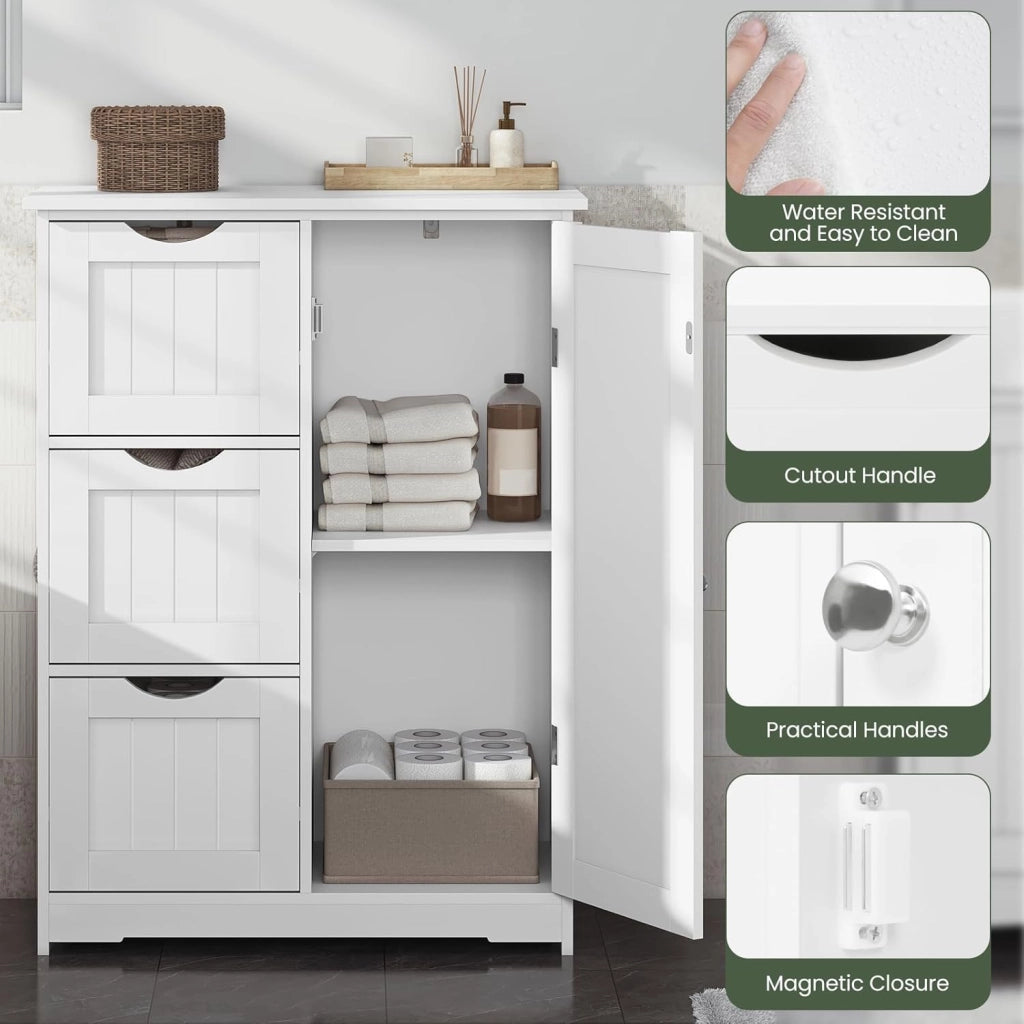 Mobile da Bagno Bianco Con 3 Cassetti e 2 Scomparti Regolabili, Portaoggetti per Camera da Letto/Corridoio/Cucina, 60x30x81cm