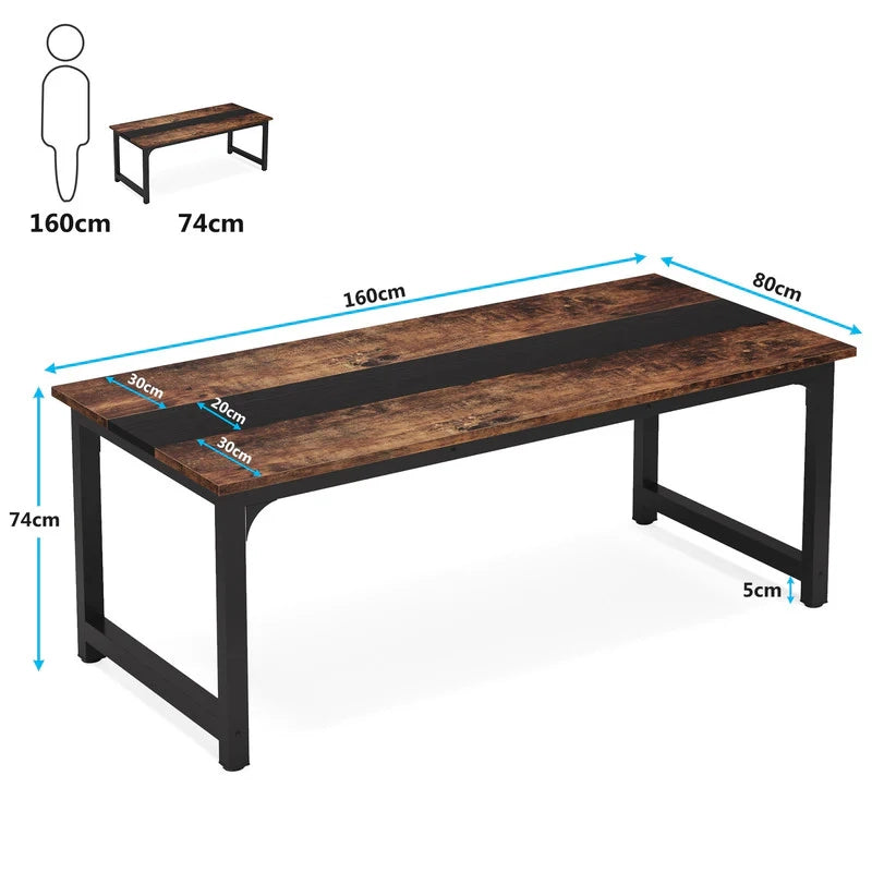 Scrivania lineare con ampio piano, struttura in metallo e legno, per home office, nero rustico, 160 × 80 × 75 cm