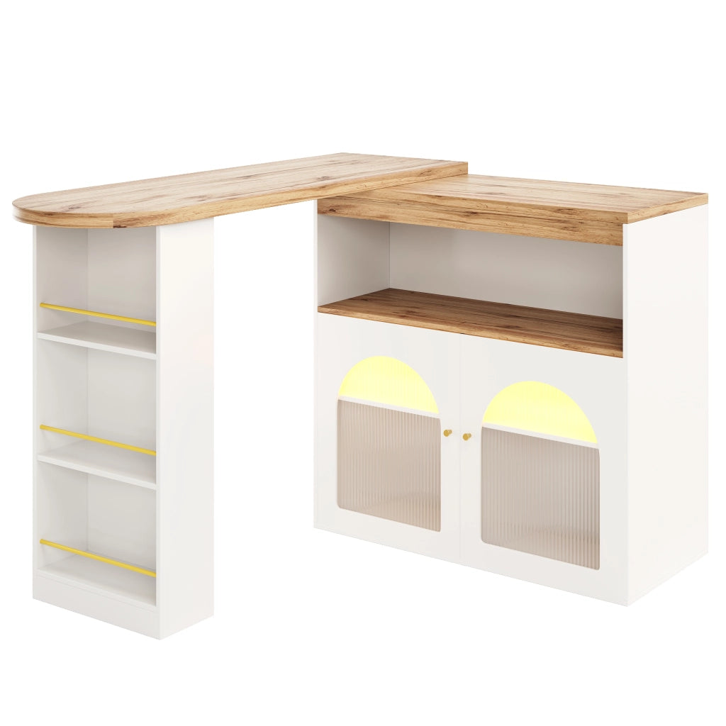 OKWISH Tavolo Estensibile con Ripiani Portaoggetti, Rotazione 360 e LED, per Sala da Pranzo, MDF, Bianco, 138-193 x 39 x 105 cm