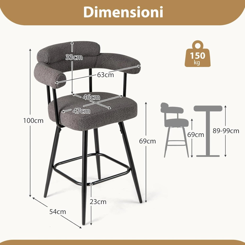 Set di 2 Sgabelli da Bar Girevoli, Sedie Imbottite in Boucle con Schienale, Braccioli Curvi, Gambe in Metallo e Poggiapiedi, Portata 150 kg, per Isola Cucina, Caffè e Pub (Grigio)