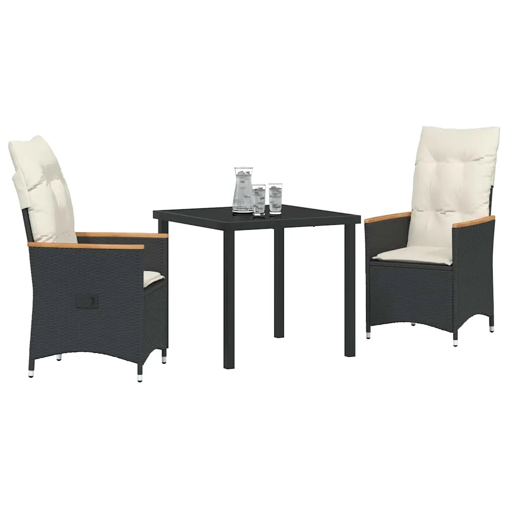 Set da Pranzo per Giardino con cuscino 3 pcs Nero polyrattan