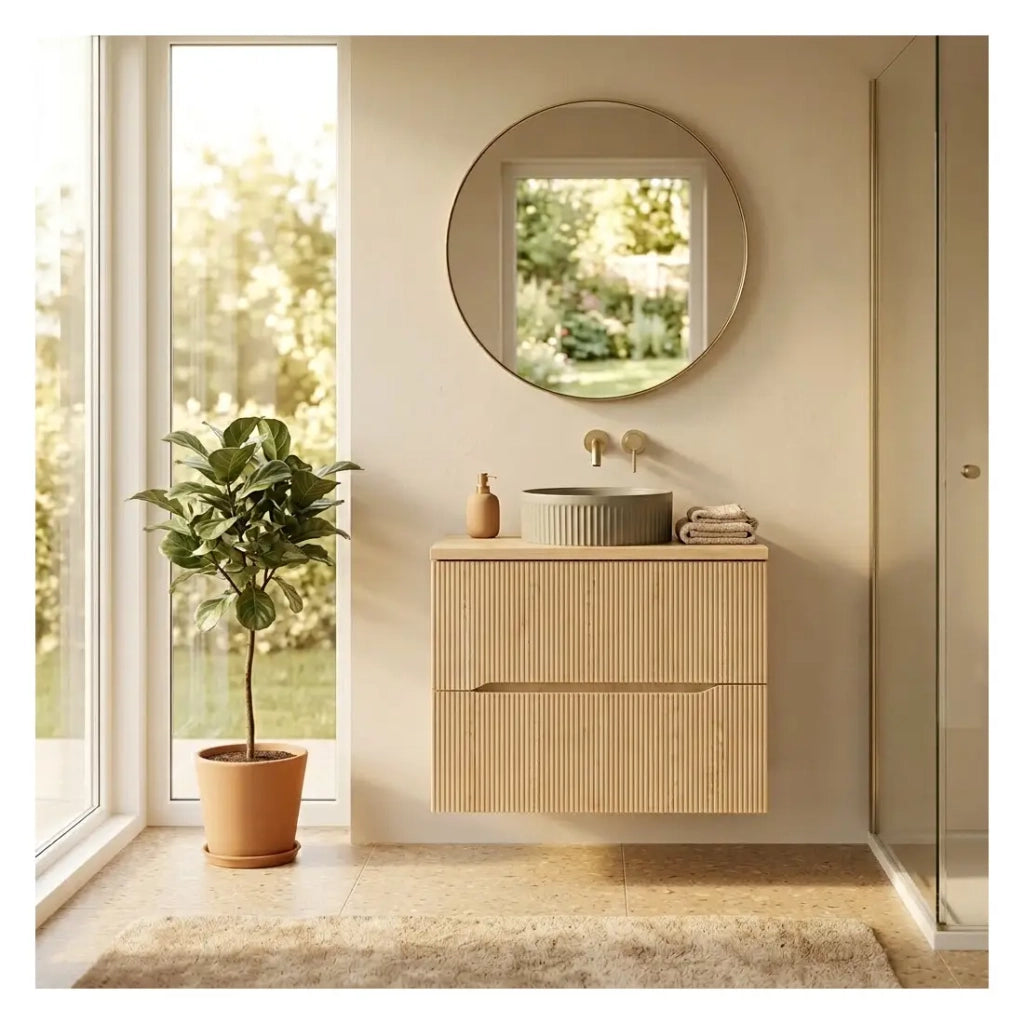 Set da bagno NATURA 60cm: mobile sotto lavabo + piano per lavabo + lavabo da appoggio rotondo verde kaki scanalato