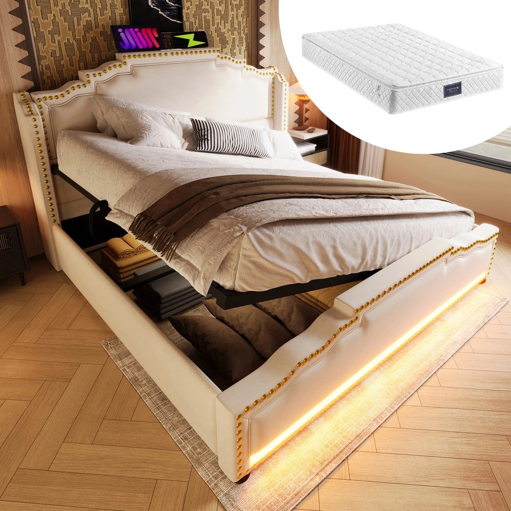 Letto Imbottito Contenitore 140x200 con Materasso ¨C MINIMAL ¨C Velluto Beige, LED, Idraulico, Doghe