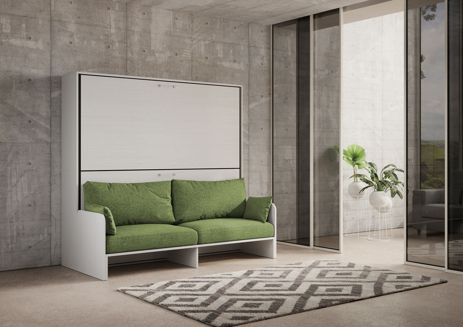 Letto Doppio A Scomparsa Kando Con Divano Bianco Frassino e Verde