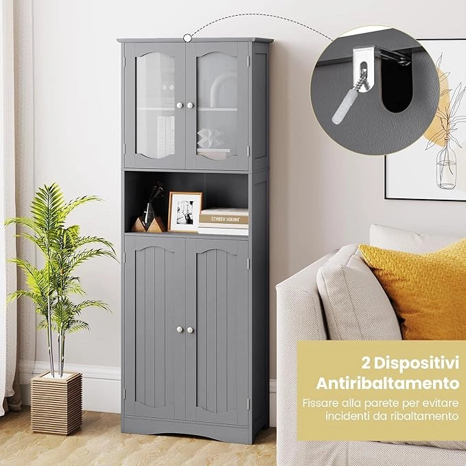 Armadietto Salvaspazio 60 x 30 x 164cm, Mobile Bagno con Scomparti Aperti, Ripiani Regolabili e 2 Porte in Vetro Temprato, Armadio da Bagno per Ufficio, Soggiorno e Camera da Letto (Grigio)