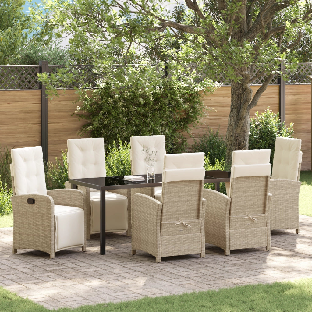 Set da Pranzo da Giardino in Rattan Poliestere Beige da 7 Pezzi con Cuscini