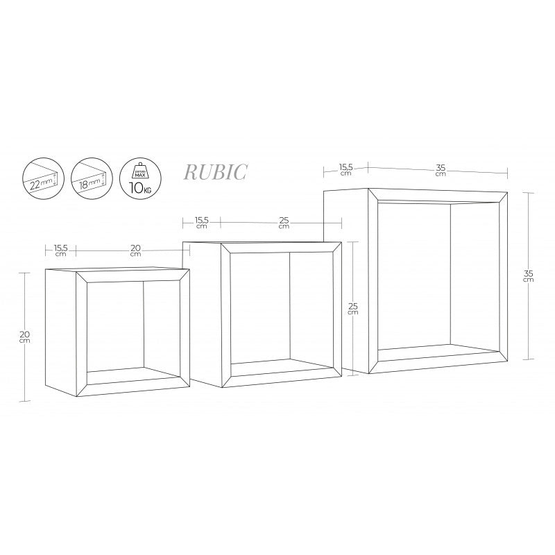 Set di 3 Mensole da Muro, Cubi Arredo, Mensole Cubo, Cubi da Parete, Fuxia, 35x35, 25x25 e 20x20 cm p15,5 - Rubic