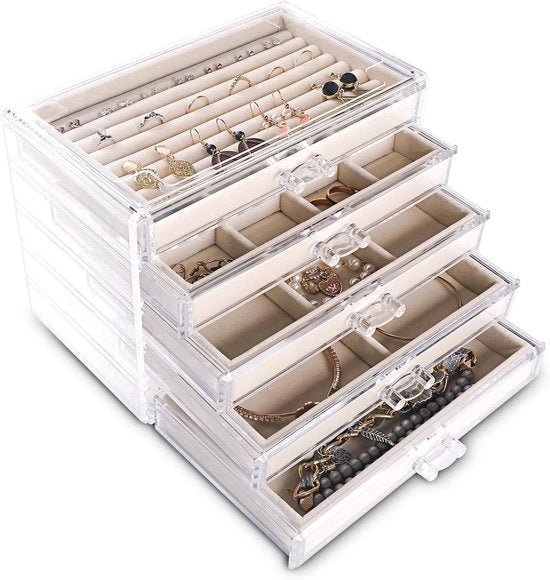 Cassa di Presentazione per Collane Acriliche Grande, 5 Livelli, con 5 Porte per Anelli e Supporto per Catene, in Pelle di Velluto Clear, 5 Livelli, in Beige