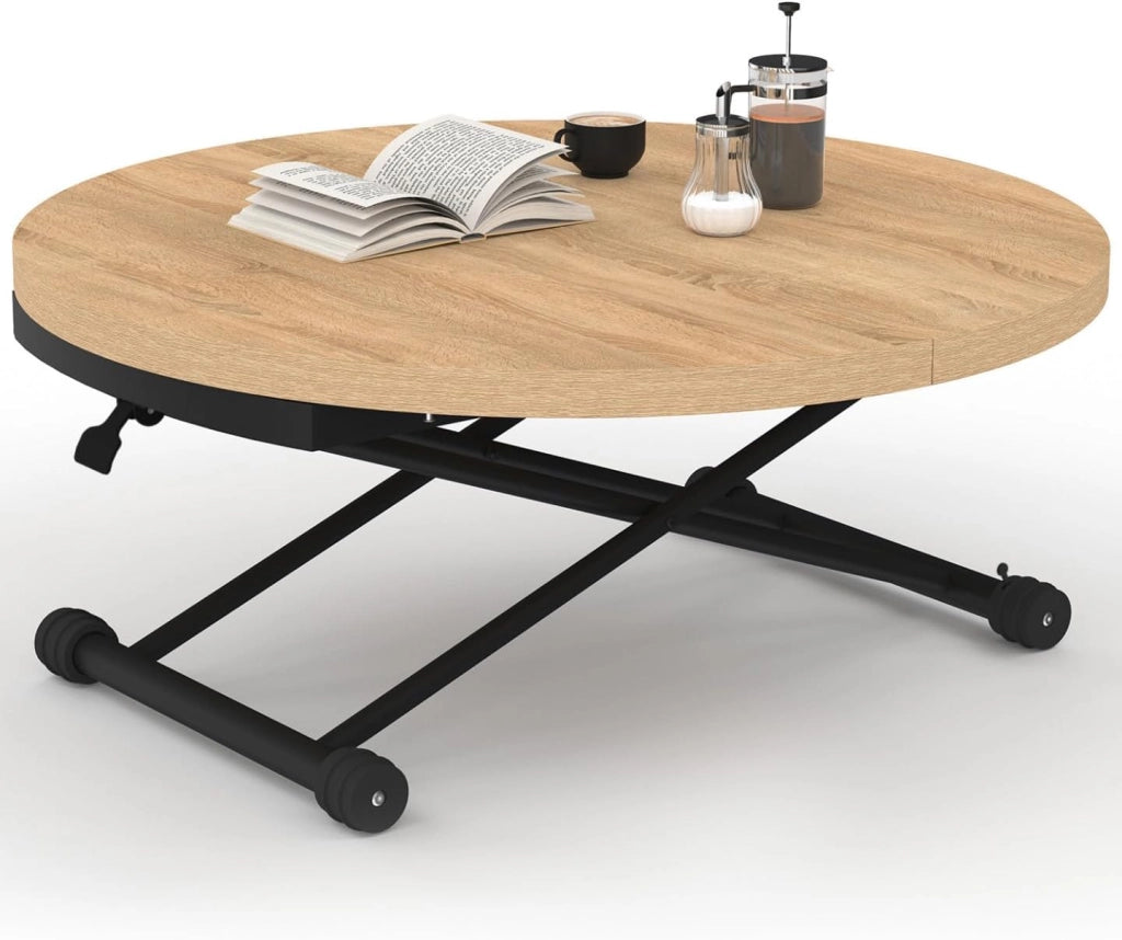 Tavolino allungabile a un tavolo da pranzo rotondo ALTURA piano in effetto faggio base nero design industriale
