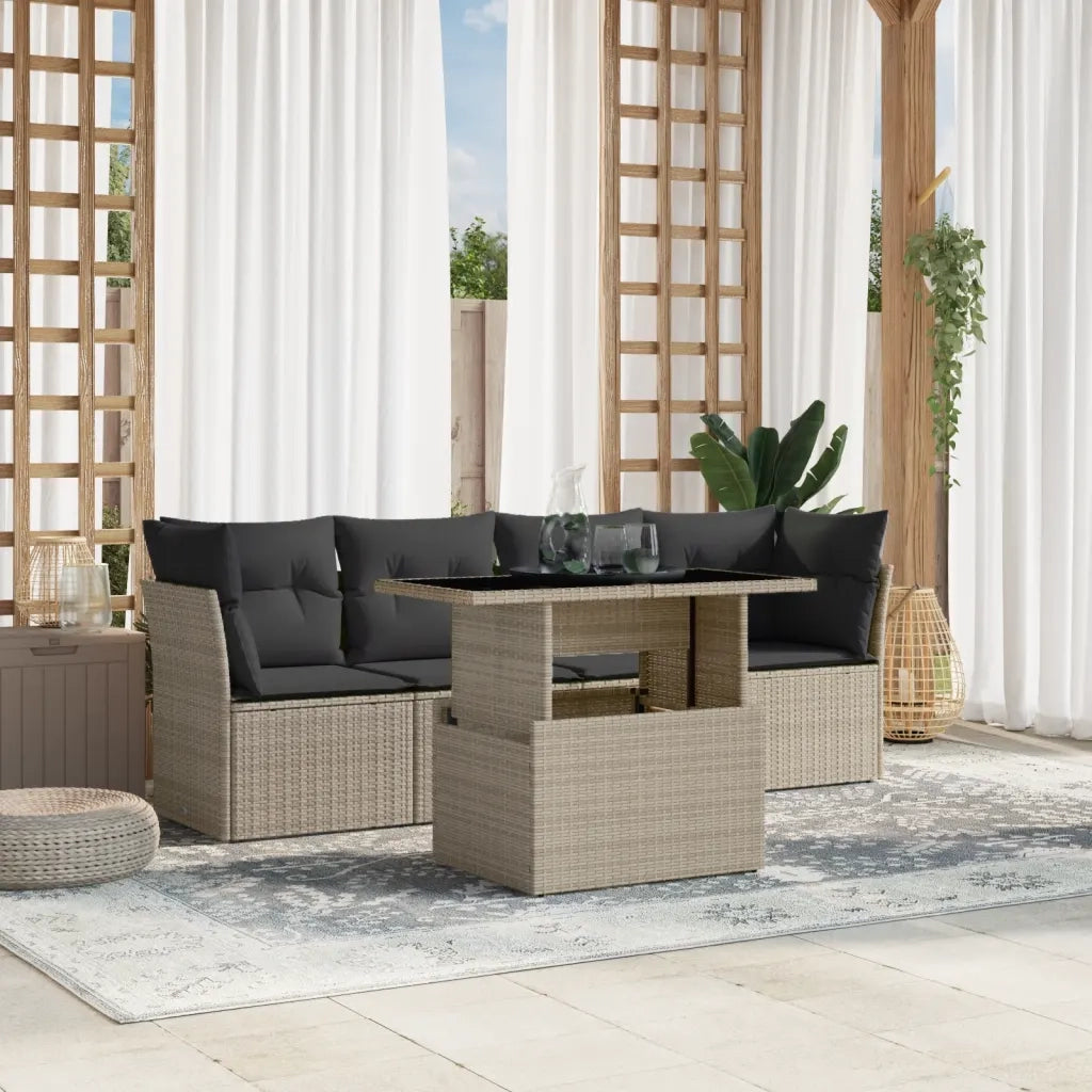 Set Divano da Giardino 5pz con Cuscini Grigio Chiaro Polyrattan