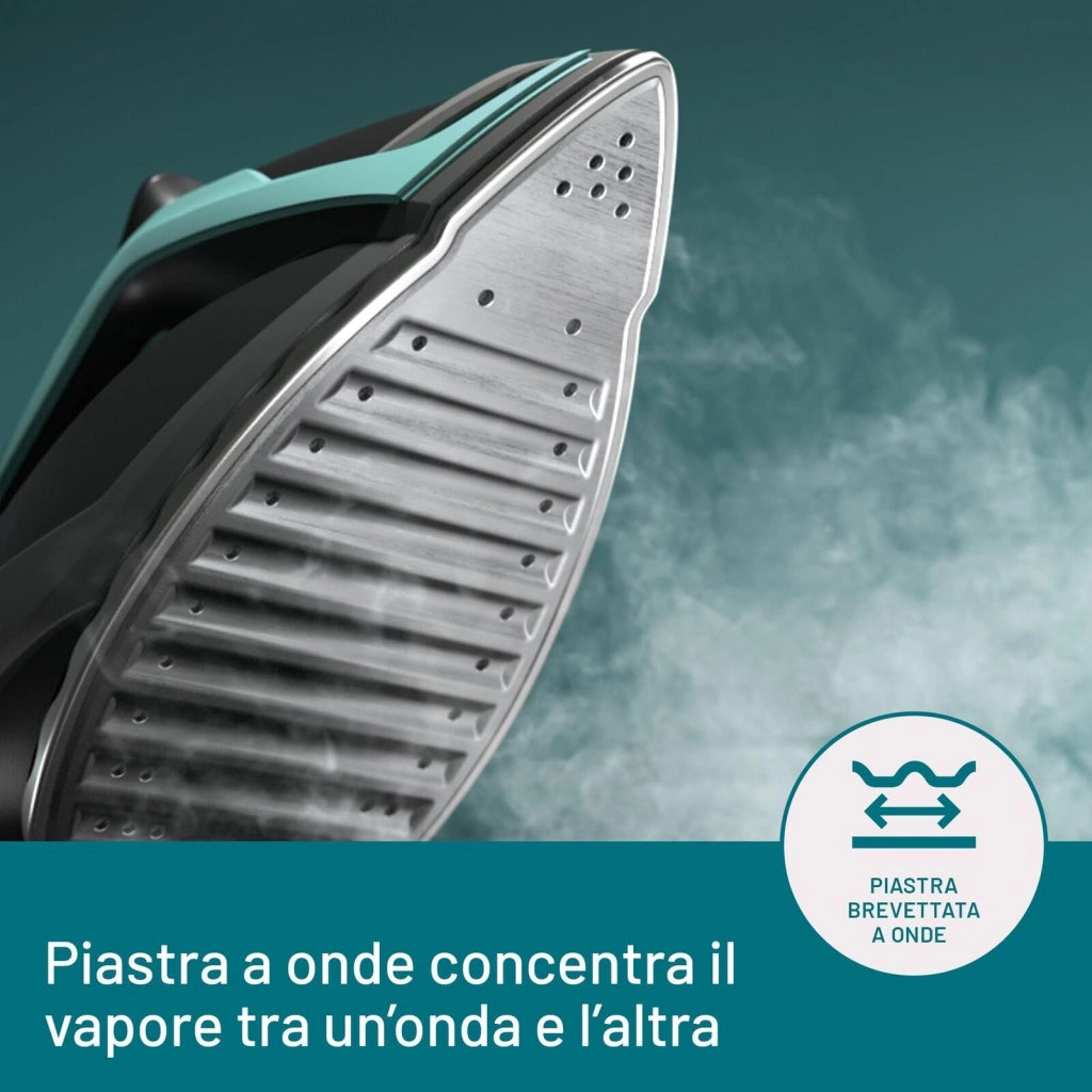 Imetec 9028 Onda P1 Ferro da Stiro Generatore di Vapore 2400W 6 bar Serbatoio 2,5L Piastra Onde Brevettata colore Nero Turchese