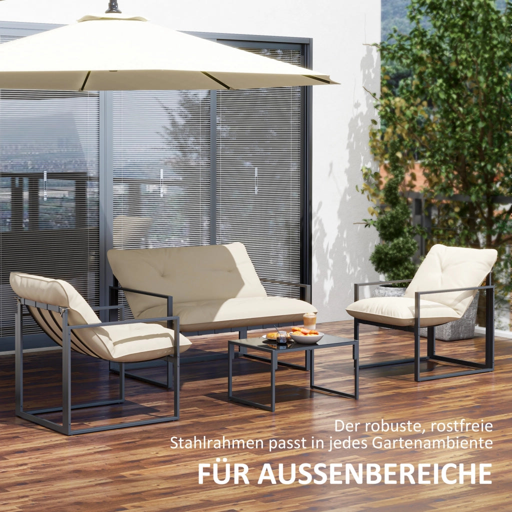 Set di mobili da giardino; 1 tavolo di vetro; 2 poltrone. 1 divano; impermeabile; 114 cm x 70 cm x 67 cm; grigio+beige