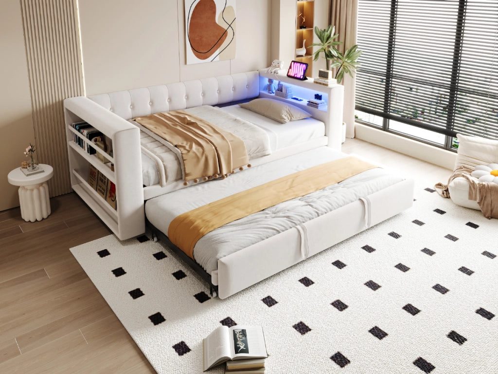 DESMIU Divano letto 90/180 × 190 cm 2 posti con LED, prese e vani portaoggetti, senza materasso, beige
