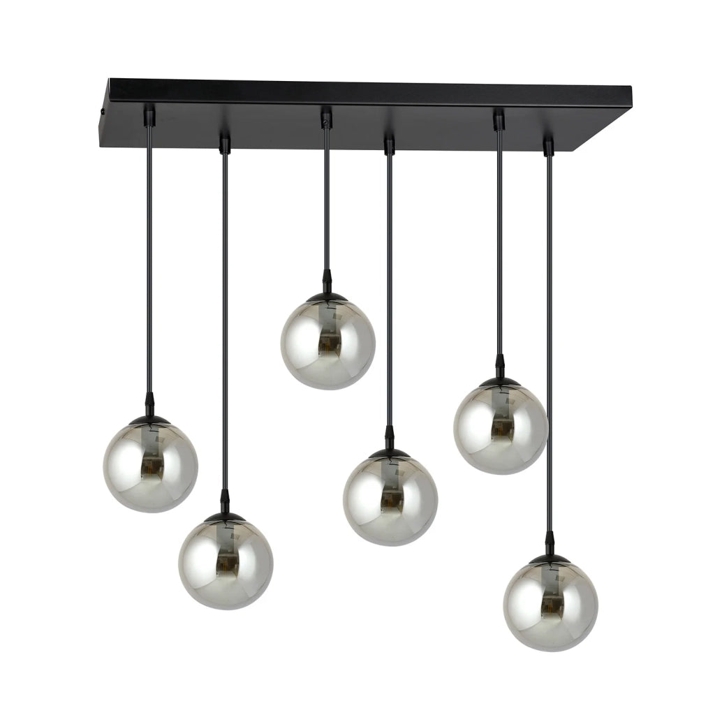 Sospensione Moderna 6 Luci Kali In Acciaio Nero E Sfere In Vetro Fumè