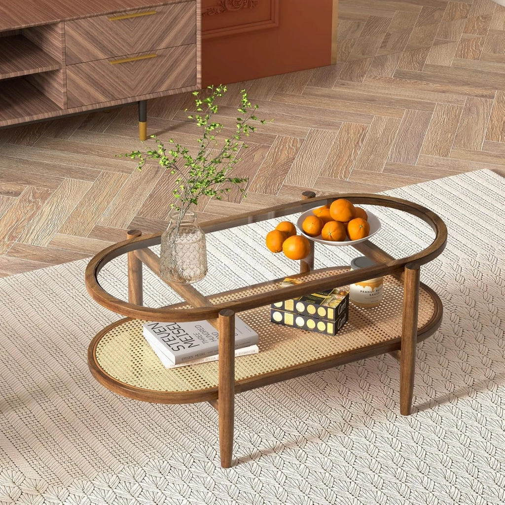 Tavolino da Caffè Ovale, Legno Massello con Piano in Vetro e Ripiano in Rattan, Rustico, 102x56x47 cm, per Soggiorno, Marrone