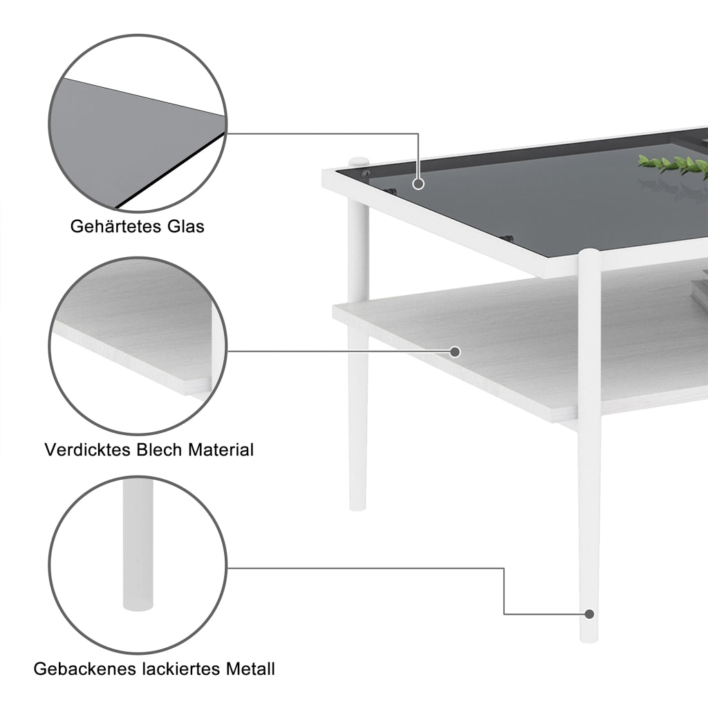 Tavolino da caffè con piano in vetro temperato e vano contenitore - per soggiorno - in MDF e vetro - 97.5×61.5×45 cm - grigio e bianco
