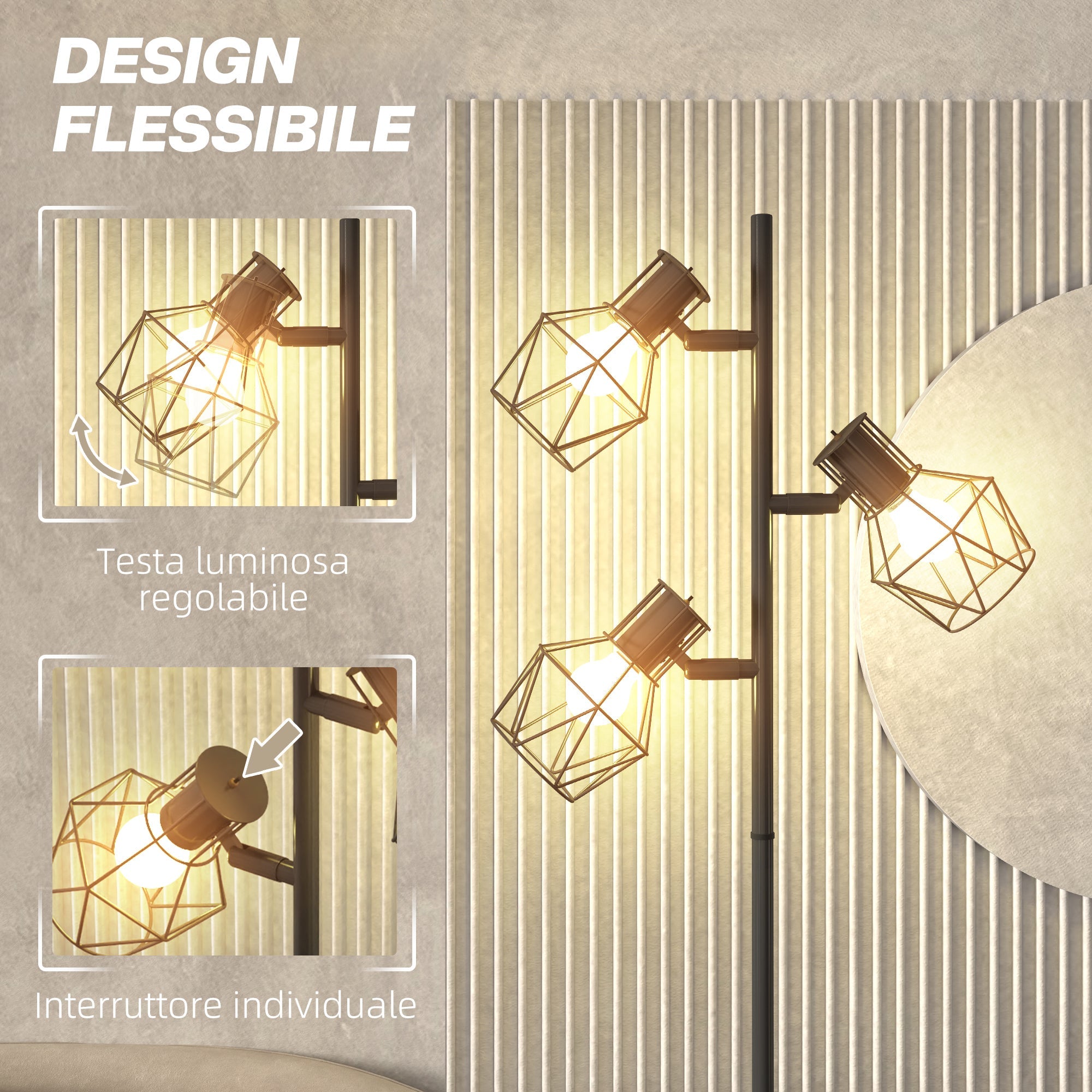 Lampada da Terra 3 Luci Orientabili 40W 41x28x169 cm in Metallo Nero