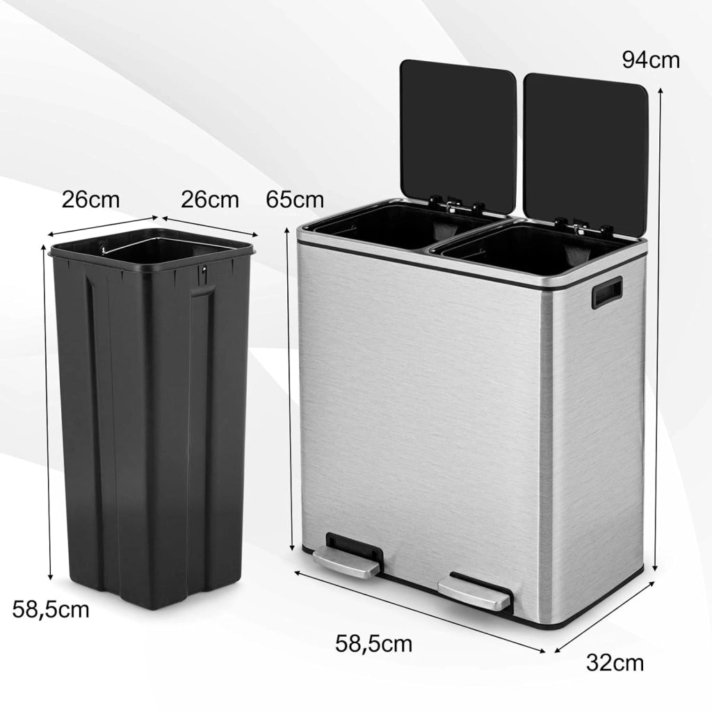 60 L Pattumiera per Differenziata 2 Scomparti, Secchi Spazzatura a Pedale in Acciaio, Cestino per la Spazzatura per il Bagno Cucina Ufficio Casa, 60 x 33 x 66 cm