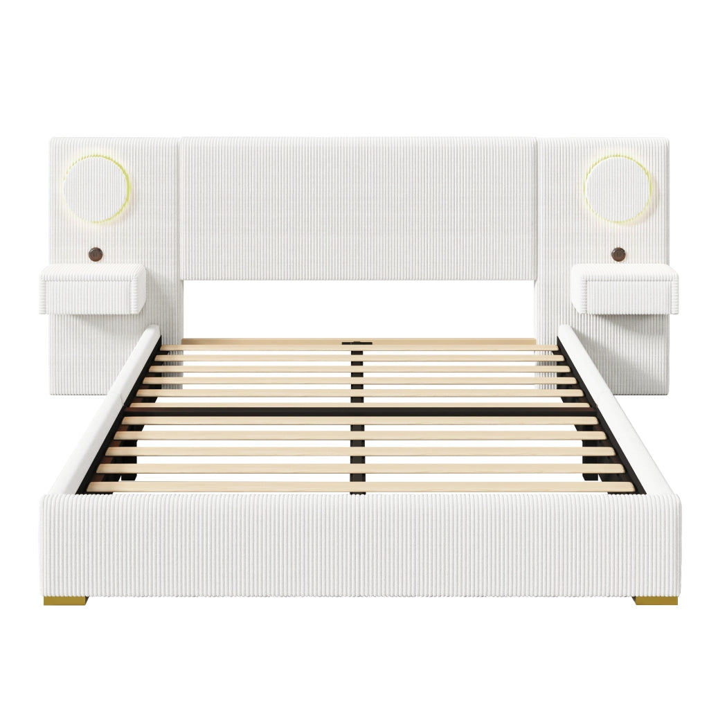 Letto imbottito con testiera led e cassetti ¨C Minimal ¨C beige velluto 180x200 cm