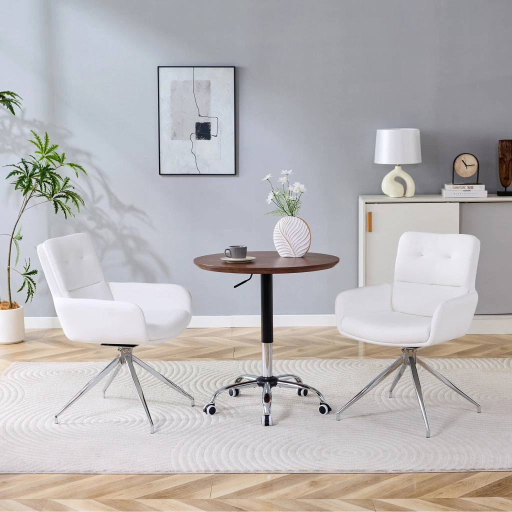 Sedia da sala da pranzo girevole a 360° con schienale trapuntato; in PU e metallo; bianco argento