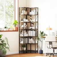 Libreria Angolare Industriale a 7 Livelli, in Legno e Acciaio, 60x60x198 cm, Marrone Rustico