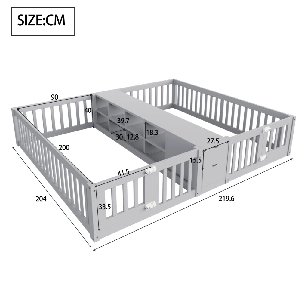 Letto a castello basso per bambini 90×200 cm con sponde alte; ripiani e 2 cassetti; senza materasso; legno; grigio