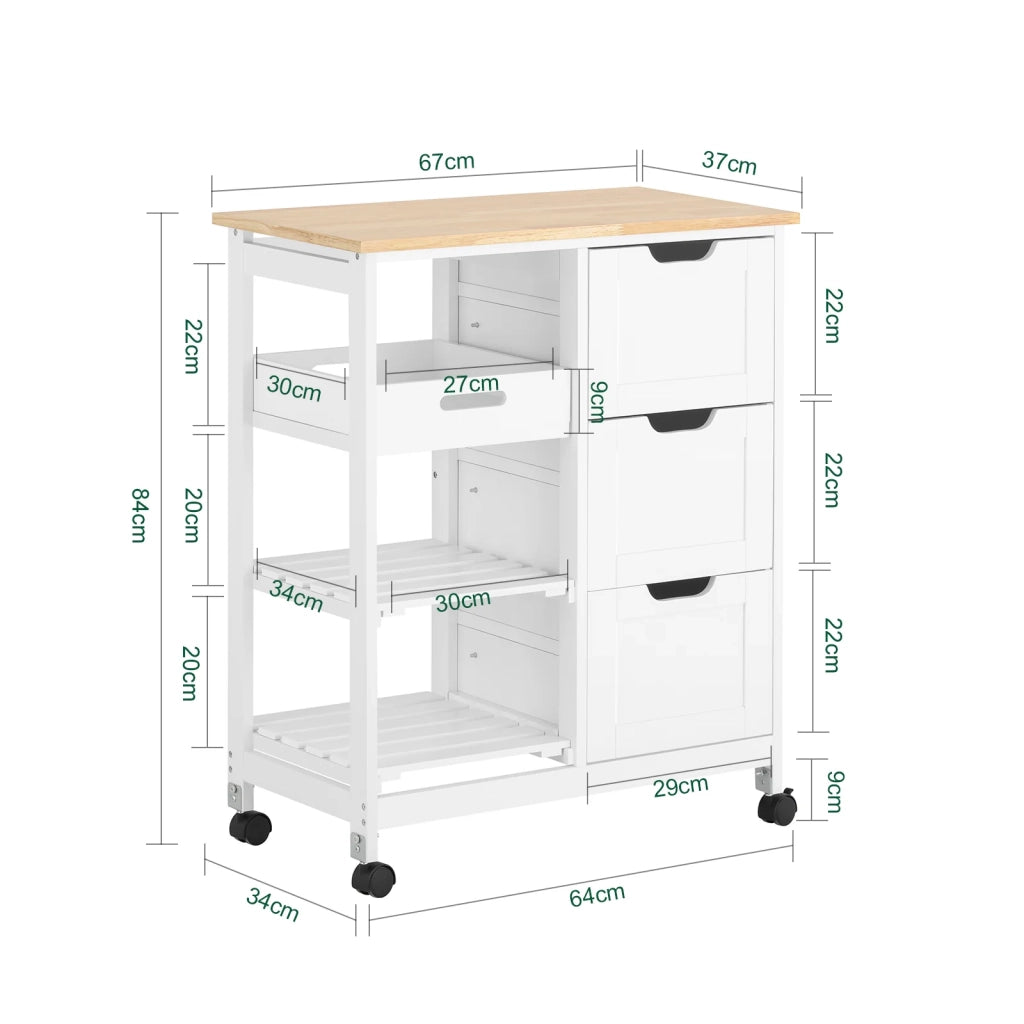 Carrello Cucina Credenza da Cucina o Bagno con 3 cassetti e 1 Cestino L68*P38*A85 cm colore bianco FKW79-W