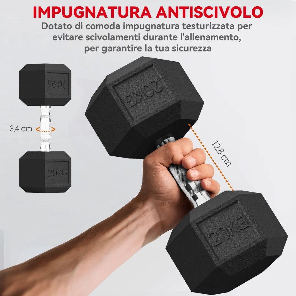Set di Manubri da 2x20 kg con Impugnatura Antiscivolo in Metallo Nero