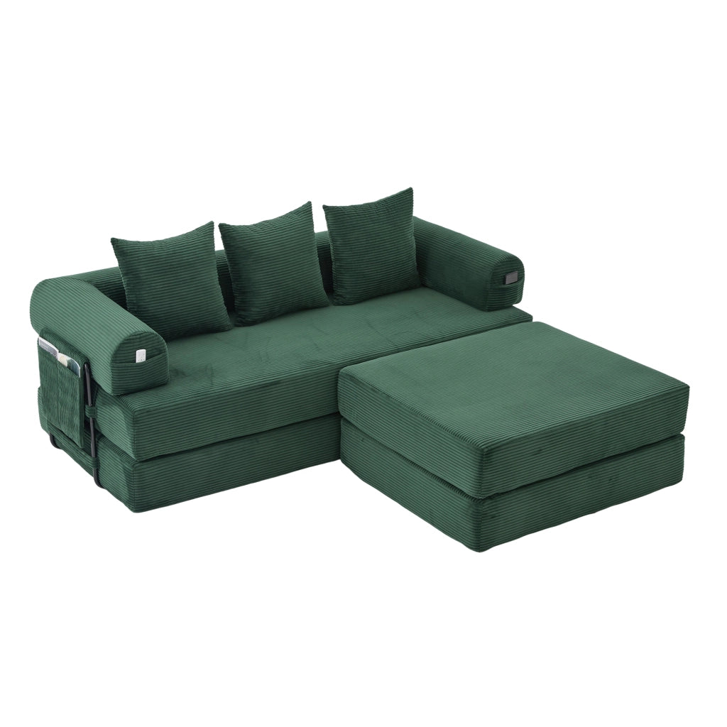 Divano modulare in corduroy con pouf, struttura in metallo, tasca laterale e 3 cuscini – Verde smeraldo