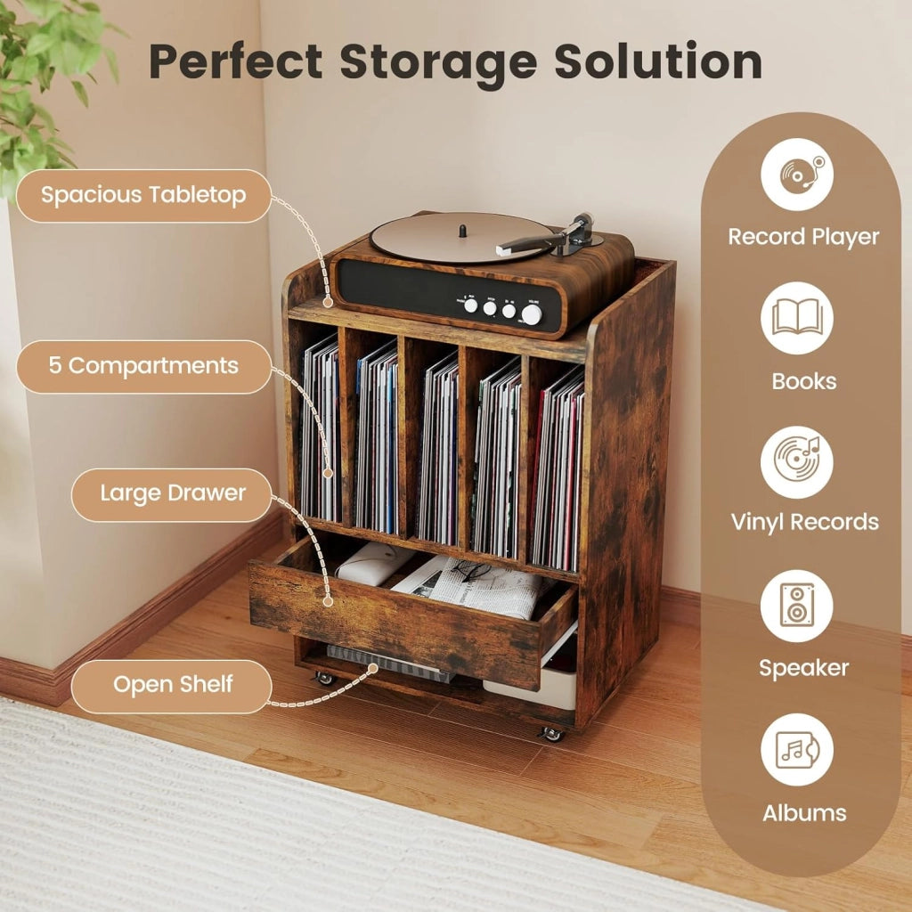 Supporto per Giradischi in Vinile Fino a 180 Album, Mobile Giradischi con Ruote, Mobiletto Portaoggetti con Scomparti Aperti, Cassetto e Ganci per Ufficio, Soggiorno, Studio (Marrone)