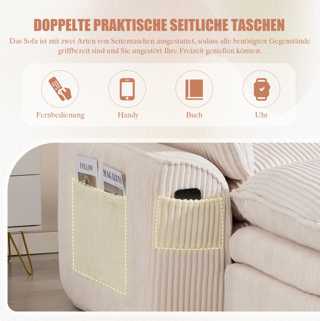 Divano modulare ULEVR 335x167x85 cm in velluto a coste beige con tasche laterali e molle interne