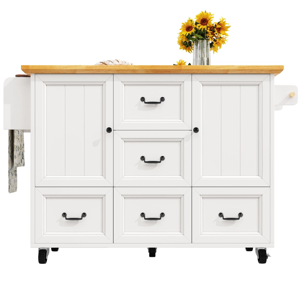 Isola da cucina mobile - Zephmum - 120x73x93 cm - Bianco/Nero - Carrello estraibile, ripiani regolabili, due ante, cinque cassetti