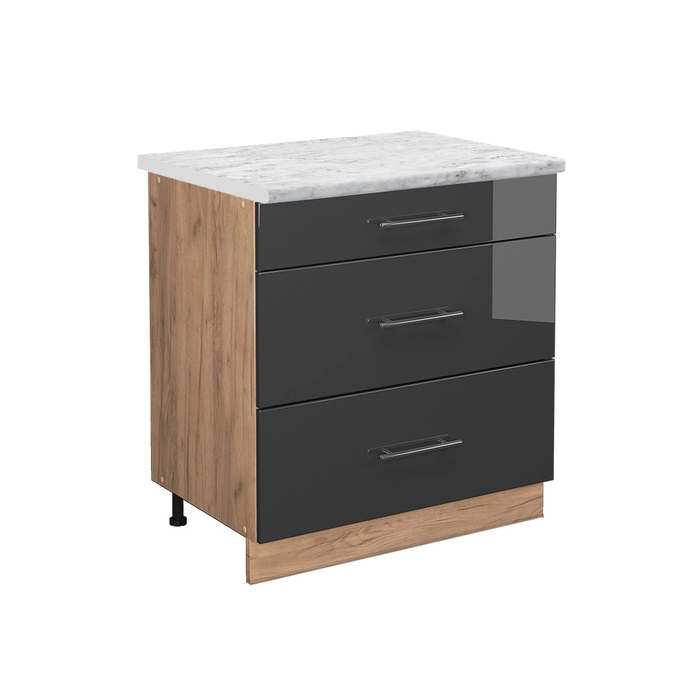 Mobiletto base per cucina Fame-Line Antracite lucido/Rovere dorato 80 cm con 3 cassetti, PL Marmo Vicco