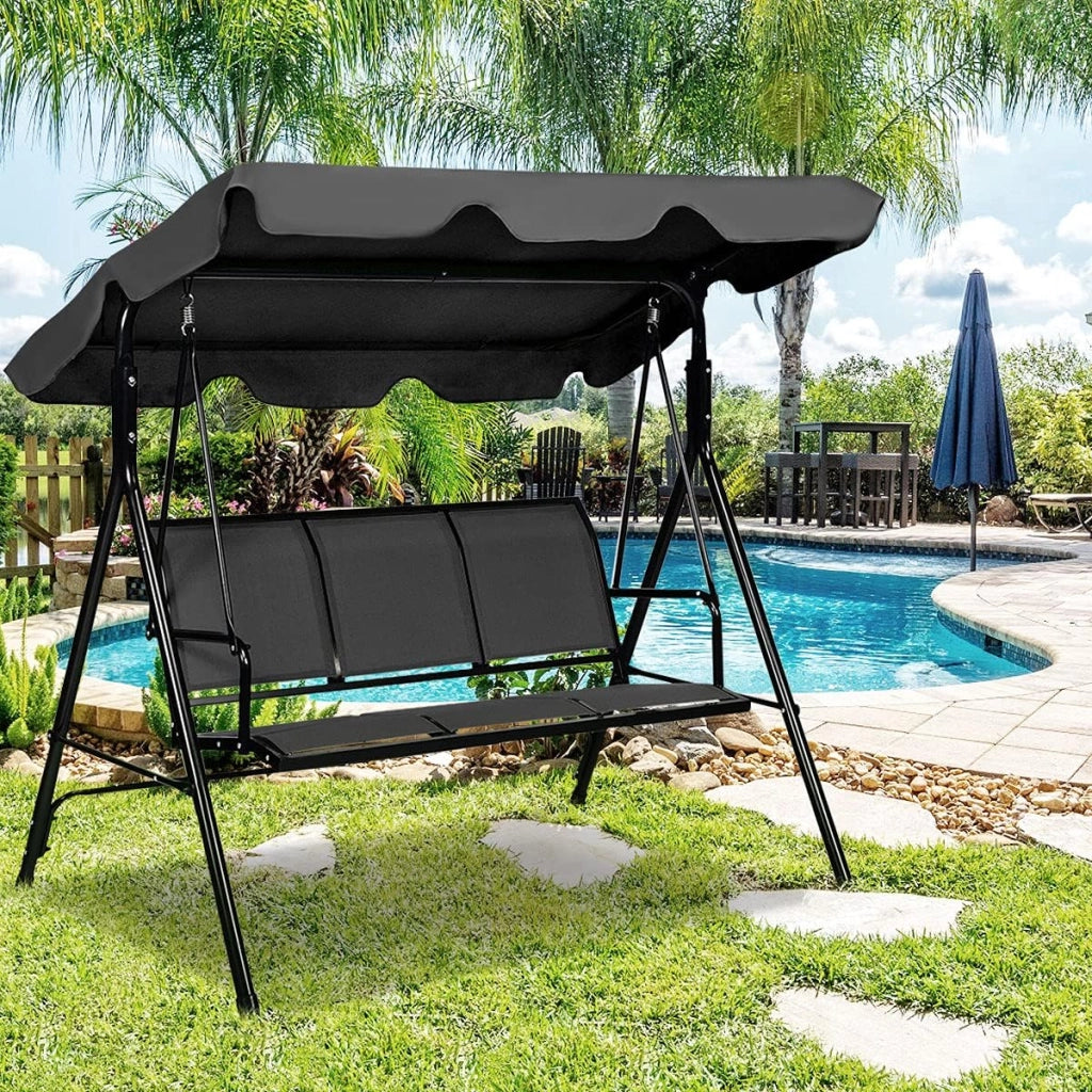 Dondolo Hollywood a 3 posti, con tettuccio parasole e schienale, per giardino, balcone, terrazza (nero)