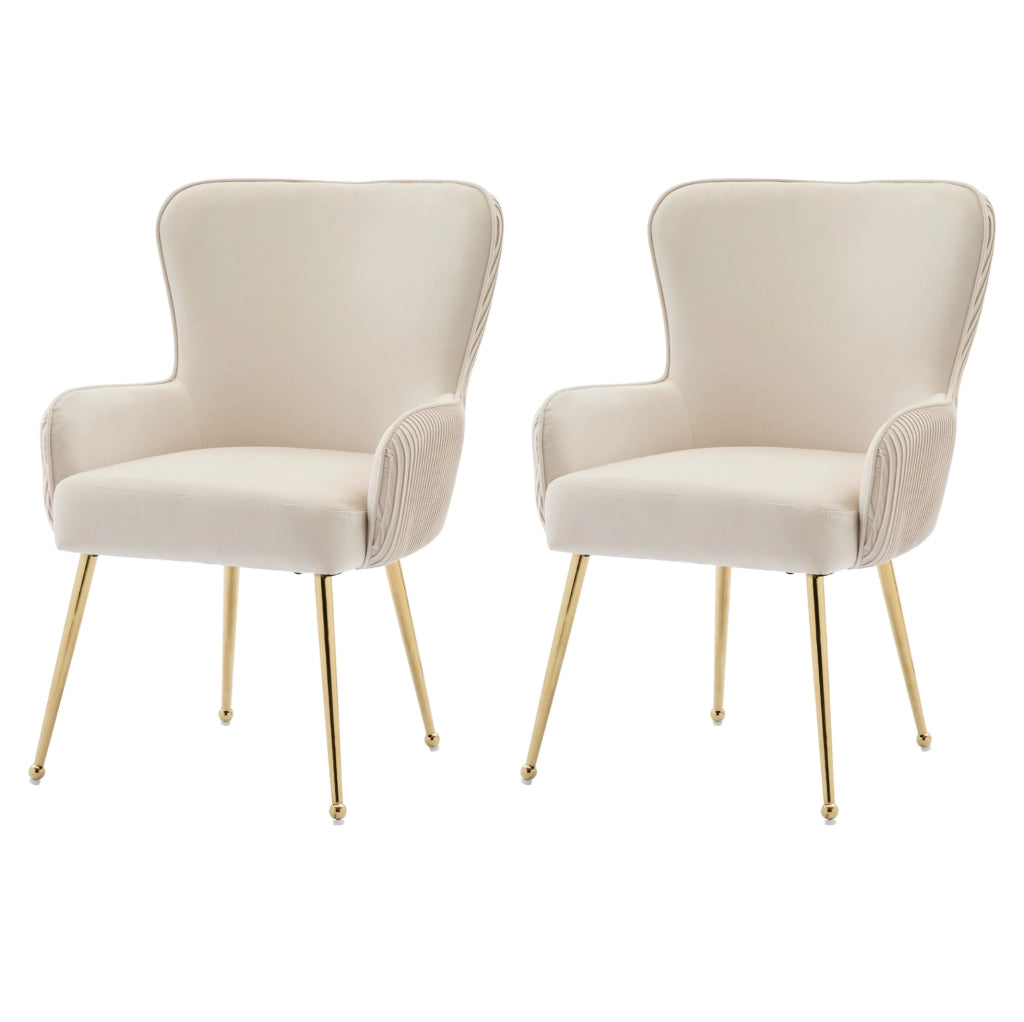 Set 2 sedie da pranzo in velluto beige e oro con braccioli; schienale trapuntato e piedi regolabili