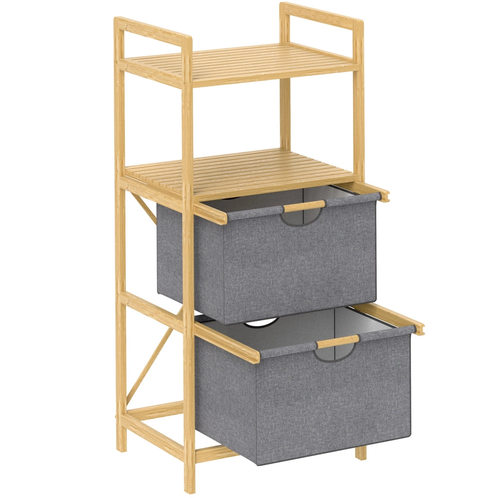 Portabiancheria in bambù con 2 cestini in stoffa da 17,7 L e ripiani aperti, 44x34x96 cm, colore naturale
