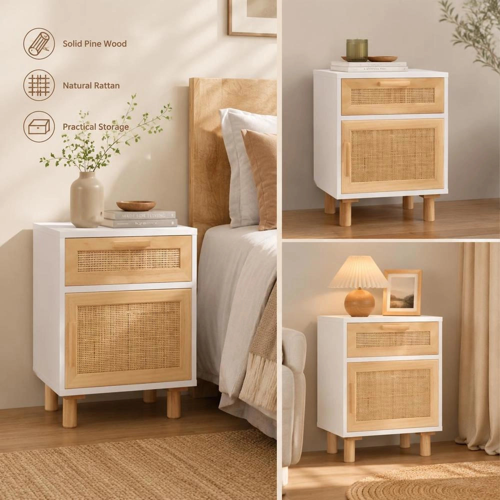Bedside Table, White, Solid Pine Wood And Natural Rattan