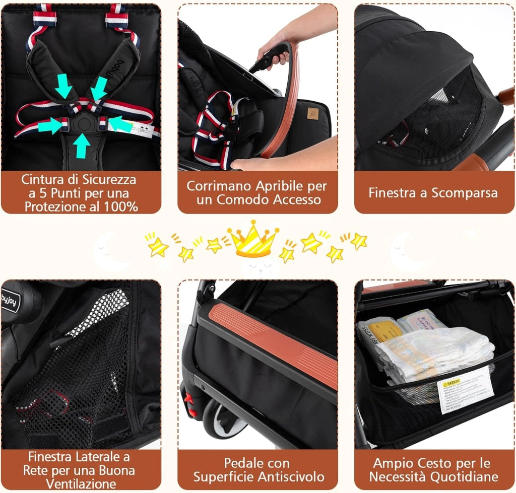 Passeggino Leggero per Bambini, con Schienale e Poggiapiedi Regolabili, Cappottina e Zanzariera, Compatto e Pieghevole, per Bambini 0-3 Anni, fino a 15 kg (Nero)