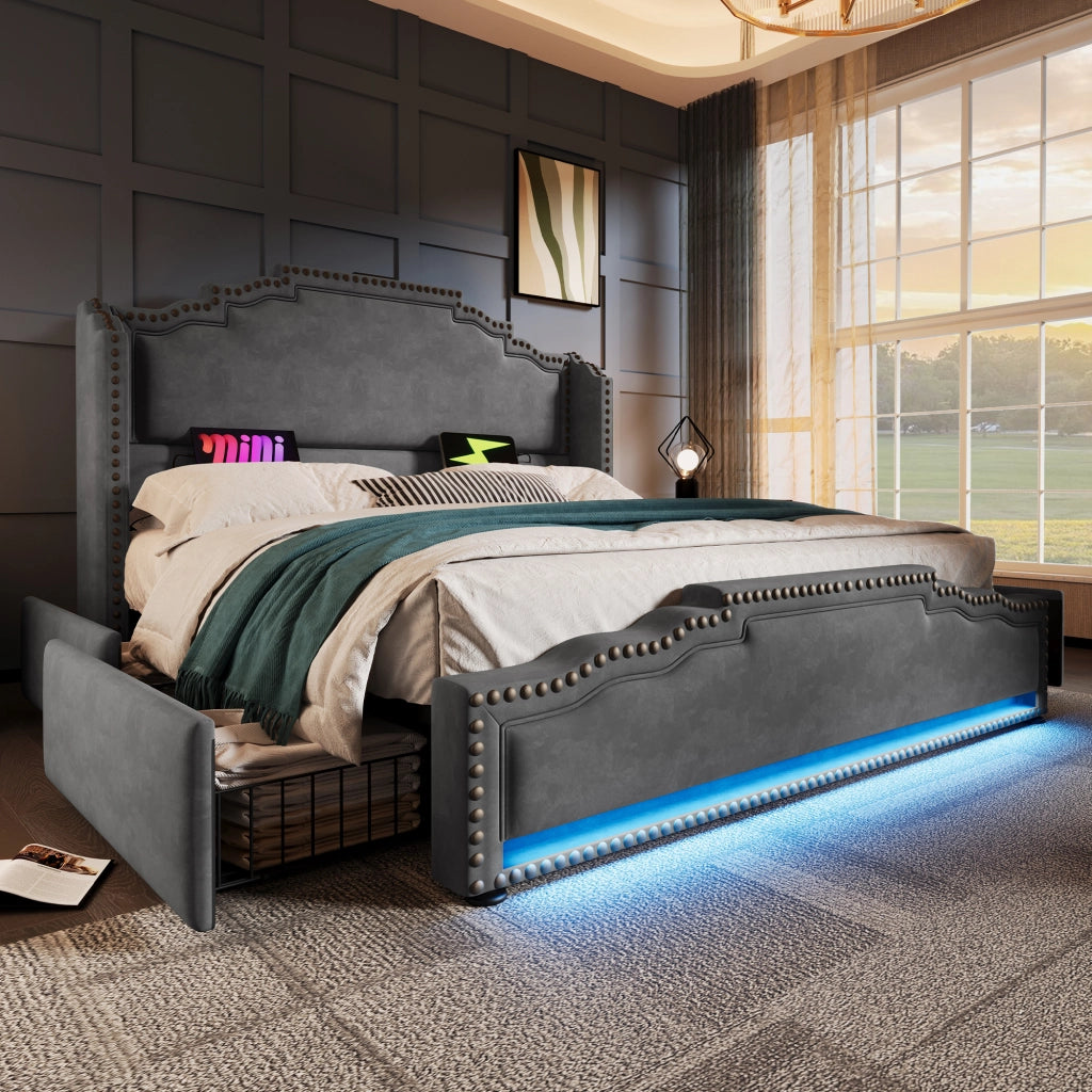 LETTO 160x200 cm in velluto grigio con materasso incluso, 4 cassetti
