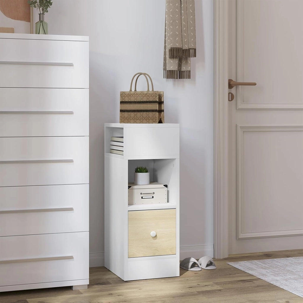 Set di 2 Comodino Stretto, Comodino con 2 Scomparti a Giorno e Cassetto, Tavolino da Notte 25x30x66cm, Mobile Salvaspazio per Camera da Letto, Soggiorno, in Truciolato, Rovere, 0011CTG-2-FL