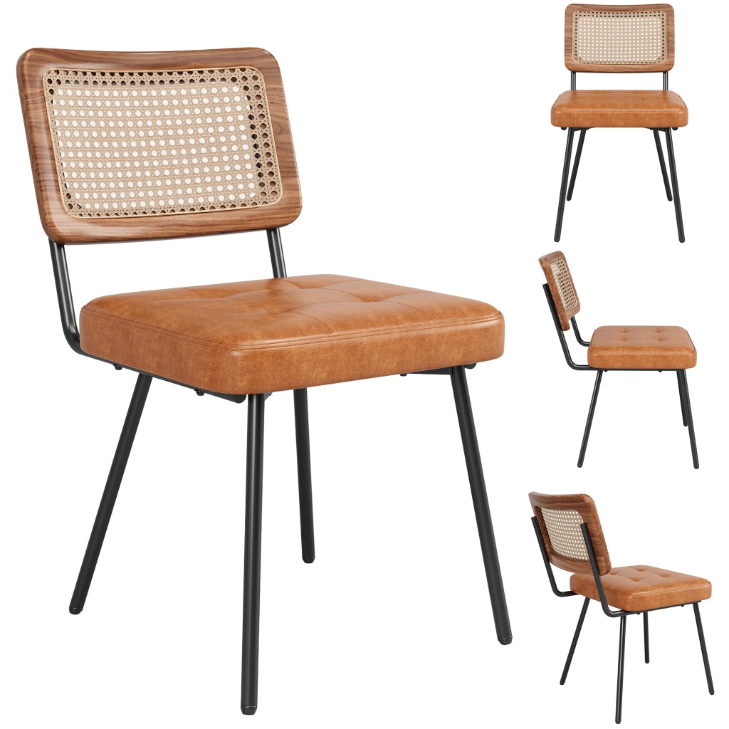 Sedia da pranzo in PU con schienale in rattan e gambe in metallo marrone