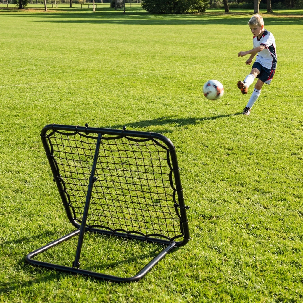 Rete rimbalzo calcio con altezza regolabile a 4 livelli telaio in metallo e picchetti rete, Porta da calcio pieghevole per allenamento