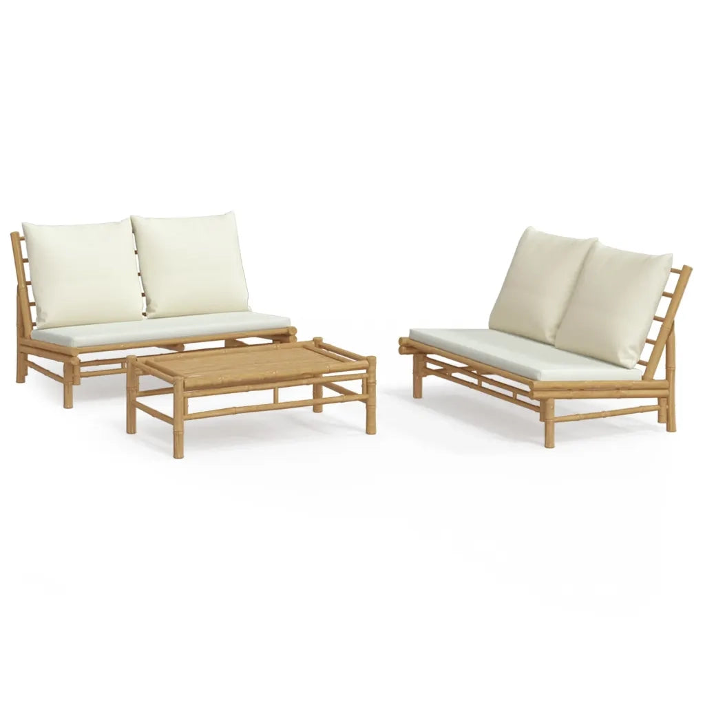 Set Salotto da Giardino 3pz con Cuscini Bianco Crema in Bambù 3156483
