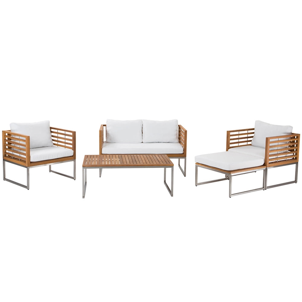 Set Divani Da Giardino In Legno Di Acacia Cuscini Bianchi 4 Posti A Doghe Design Set Conversazione Per Esterni