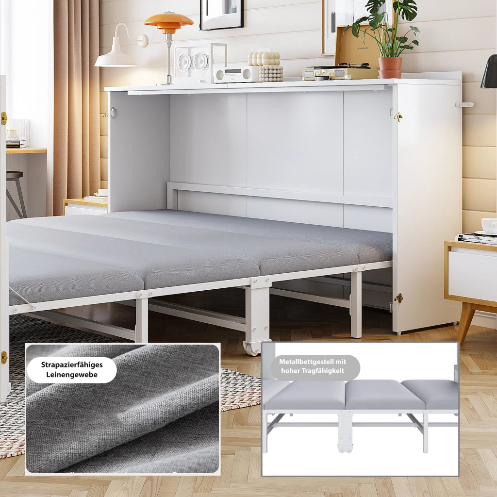 Letto a scomparsa 140 × 200 cm con ruote silenziose, materasso incluso, struttura in legno e metallo, bianco