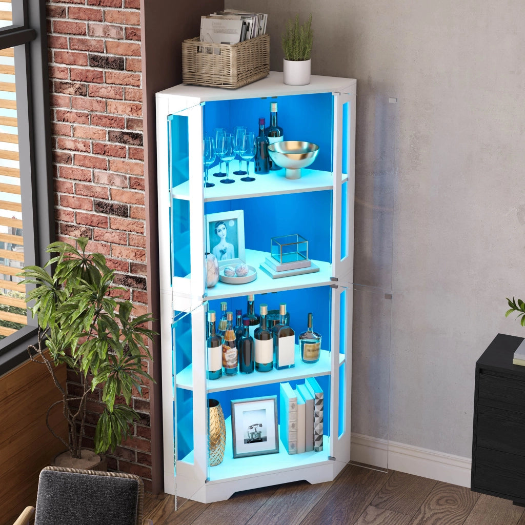 Credenza alta in MDF e vetro con LED RGB, 40x40x165 cm, vetrina con 4 ante e ripiani regolabili