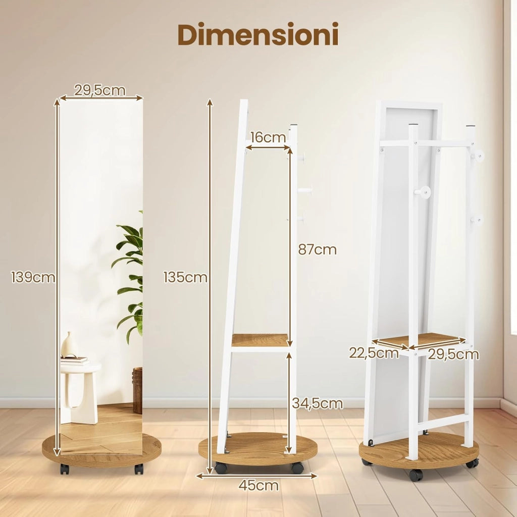 Appendiabiti con Specchio a Figura Intera, Appendiabiti Autoportante con 3 Ganci e Ripiani per Stoccaggio, Specchio da Terra con Ruote per Camera da Letto e Ingresso (Naturale)