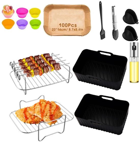 Accessori per Airfryer Completo - 304 Acciaio Inox - Griglia a Multi Strati per Airfryer a Doppia Zona - Incluso Contenitore in Silicone per Airfryer - Adatto per Airfryer XL e Airfryer XXL HD9650